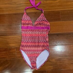 Prana Pink & Purple Geometric Halter Kids One-Piece Swimsuit